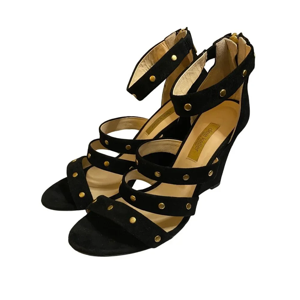 dee keller black strappy studded wedges‎ made in Italy Sz 39(8.5)